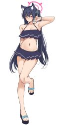 Rule 34 | 1girl, absurdres, animal ear fluff, animal ears, arm up, armpits, bare shoulders, bikini, bikini skirt, black footwear, blue archive, blue bikini, blue hair, breasts, cat ears, cleavage, collarbone, commentary, full body, highres, long hair, looking at viewer, miniskirt, navel, pinepin, pink eyes, pleated skirt, serika (blue archive), serika (swimsuit) (blue archive), simple background, skirt, solo, standing, standing on one leg, stomach, swimsuit, thighs, twintails, very long hair, white background
