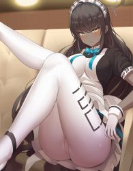 Rule 34 | 1girl, apron, ass, bad id, bad pixiv id, black hair, blue archive, blush, bow, bowtie, breasts, cameltoe, ceiling light, couch, dark-skinned female, dark skin, gloves, haeil2, halo, highres, indoors, karin (blue archive), large breasts, legs up, long hair, looking at viewer, maid, maid apron, maid headdress, mary janes, miniskirt, pantyhose, pleated skirt, puffy short sleeves, puffy sleeves, shoes, short sleeves, sitting, skirt, solo, thighs, white pantyhose, yellow eyes