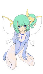 Rule 34 | 1girl, :&lt;, alternate costume, blue eyes, blush, bodysuit, breasts, collarbone, daiyousei, fairy, fairy wings, flat color, frown, full body, gloves, green hair, hair ribbon, hand on breast, hand on own chest, hand on own thigh, kiyama satoshi, kneeling, legs apart, looking at viewer, parted bangs, pointy ears, raised eyebrows, ribbon, short hair, side ponytail, simple background, sketch, solo, touhou, white background, white wings, wings, yellow ribbon