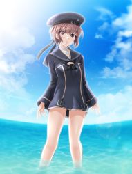 Rule 34 | 1girl, anchor, bare legs, black neckerchief, blue dress, blue hat, blue sailor collar, blue sky, blush, breasts, brown eyes, brown hair, closed mouth, clothes writing, cloud, commentary request, cowboy shot, day, dress, hat, highres, kantai collection, lens flare, long sleeves, looking at viewer, neckerchief, ocean, outdoors, red hair, sailor collar, sailor dress, sailor hat, short hair, sidelocks, signature, sky, small breasts, solo, standing, sunlight, tk8d32, wading, water, z3 max schultz (kancolle)
