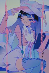Rule 34 | 1girl, adjusting clothes, adjusting headwear, baseball cap, black hair, braided sidelock, cropped jacket, hat, hat with ears, high-waist skirt, highres, jacket, long hair, looking to the side, one eye closed, original, pencil skirt, pink jacket, purple skirt, purple thighhighs, shirt, sitting, skirt, solo, thighhighs, umiseazzz, white shirt