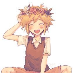 Rule 34 | 100momom, 1boy, :d, ^ ^, basil (faraway) (omori), basil (omori), blonde hair, blue flower, blush, brown shorts, brown sweater vest, closed eyes, collared shirt, commentary, dated, facing viewer, flower, flower wreath, hand on own head, head wreath, highres, indian style, male focus, omori, open mouth, pink flower, purple flower, shirt, short hair, shorts, simple background, sitting, smile, solo, sweater vest, white background, white flower, white shirt