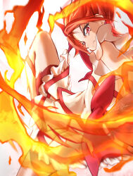 Rule 34 | 1girl, artist name, bike shorts, clear glass (mildmild1311), commentary request, cure rouge, eyelashes, fire, hair ornament, highres, looking at viewer, magical girl, natsuki rin, precure, red eyes, red hair, red shorts, serious, short hair, shorts, signature, simple background, skirt, solo, spiked hair, twitter username, white background, yes! precure 5