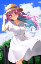Rule 34 | 1girl, alternate costume, alternate hairstyle, blush, braid, closed mouth, colored inner hair, dress, feeilll, french braid, hand on headwear, hat, highres, hololive, long hair, looking at viewer, minato aqua, multicolored hair, one side up, outdoors, purple eyes, purple hair, short dress, short sleeves, smile, solo, straw hat, sundress, two-tone hair, virtual youtuber, white dress