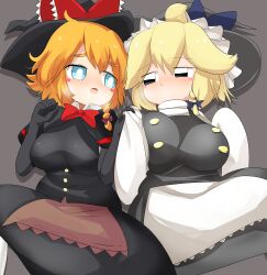 Rule 34 | 2girls, :&lt;, apron, black capelet, black eyes, black gloves, black hat, black skirt, black vest, blonde hair, blue bow, blue eyes, blush, blush stickers, bow, bowtie, braid, breasts, bright pupils, brown apron, capelet, closed eyes, closed mouth, commentary request, cookie (touhou), elbow gloves, feet out of frame, gloves, grey background, grey hat, hair between eyes, hair bow, hat, hat bow, highres, holding hands, kirisame marisa, large breasts, lets0020, looking at another, looking to the side, medium bangs, meguru (cookie), multiple girls, open mouth, purple bow, red bow, red bowtie, shirt, short hair, simple background, single braid, skirt, skirt set, sleeves past fingers, sleeves past wrists, touhou, turtleneck, turtleneck shirt, variant set, vest, waist apron, white pupils, white shirt, witch hat, yuuhi (cookie)