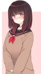 Rule 34 | 1girl, black sailor collar, blush, breasts, brown hair, brown sweater, closed mouth, full-face blush, gradient hair, heart, heart-shaped pupils, jpeg artifacts, large breasts, looking at viewer, medium hair, multicolored hair, neckerchief, nekoume, nose blush, original, pink background, red neckerchief, sailor collar, school uniform, serafuku, sleeves past wrists, smile, solo, sweater, symbol-shaped pupils, tears, upper body