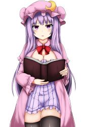 Rule 34 | 1girl, :d, absurdres, book, breasts, cleavage, dress, hair between eyes, hat, highres, holding, holding book, isshin (sasayamakids), jewelry, large breasts, long hair, looking at viewer, moon (ornament), necklace, nightcap, nightgown, open mouth, patchouli knowledge, purple eyes, purple hair, simple background, sleepwear, smile, striped clothes, striped dress, thighhighs, thighs, touhou, white background