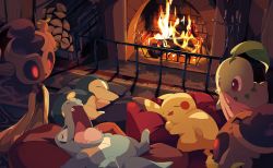 Rule 34 | absurdres, chikorita, commentary request, creatures (company), cushion, cyndaquil, fireplace, floating, game freak, gen 1 pokemon, gen 2 pokemon, gen 6 pokemon, highres, holding, indoors, kura (shironagasu02), log, lying, nintendo, no humans, on back, open mouth, phantump, pikachu, pokemon, pokemon (creature), sleeping, starter pokemon trio, totodile