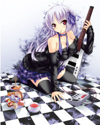 Rule 34 | 1girl, breasts, cleavage, food, guitar, highres, instrument, large breasts, long hair, mouth hold, nana (732 kaiten), purple hair, solo, steinberger, thighhighs, zettai ryouiki