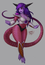 Rule 34 | 1girl, armor, black horns, black panties, breasts, cleavage, clenched hands, colored skin, crop top, demon girl, dragon ball, dragon ball (classic), dragonball z, frieza, full body, genderswap, genderswap (mtf), grey background, hands up, horns, lips, long hair, long tail, medium breasts, panties, pink eyes, pink skin, purple hair, purple lips, purple skin, shin guards, shoulder armor, signature, tail, theekennymcb, thick thighs, thighs, underwear, wrist guards