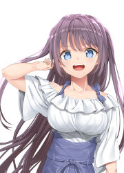 Rule 34 | 1girl, :d, apron, arm at side, arm up, bare shoulders, blue eyes, blush, breasts, detached sleeves, fringe trim, hair between eyes, holding, holding own hair, large breasts, long hair, looking at viewer, murata taichi, open mouth, original, purple hair, round teeth, shirt, short sleeves, simple background, smile, solo, standing, teeth, upper body, upper teeth only, very long hair, white background, white shirt, wide sleeves