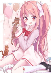 1girl :d absurdres ahoge animal artist_name balloon black_footwear blush border bow bowtie breasts brown_cat cat dress eyelashes grey_sleeves hair_bow hands_up higashikata_kou highres holding holding_animal holding_cat long_hair long_sleeves looking_at_viewer mary_janes multiple_cats one_side_up open_mouth original outside_border pink_background pink_hair pixiv_id red_bow red_bowtie red_eyes shoes short_dress sidelocks sitting sleeves_past_wrists small_breasts smile socks star_(symbol) swept_bangs twitter_username very_long_hair wariza white_bow white_cat white_dress white_socks