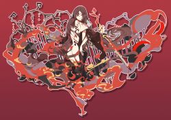 Rule 34 | 2girls, bare shoulders, breasts, brown hair, cleavage, yu mei-ren (fate), dual persona, earrings, fate/grand order, fate (series), glasses, ideolo, jewelry, long hair, looking at viewer, multiple girls, red background, red eyes, revealing clothes, simple background, smile, sword, weapon