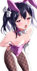 Rule 34 | 1girl, animal ears, bare shoulders, black hair, black pantyhose, bow, bowtie, breasts, cowboy shot, detached collar, artistic error, fake animal ears, fishnet pantyhose, fishnets, hair bow, hand on own hip, highres, kazepana, leotard, long hair, looking at viewer, love live!, love live! school idol project, medium hair, open mouth, pantyhose, pink leotard, plate, playboy bunny, rabbit ears, rabbit tail, red eyes, simple background, small breasts, solo, strapless, strapless leotard, tail, twintails, white background, white bow, wrist cuffs, wrong hand, yazawa nico