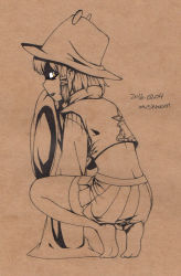 Rule 34 | 1girl, :d, animal print, artist name, ass, back, brown background, butt crack, crop top, dated, frog print, from behind, hair ribbon, hat, highres, long sleeves, looking at viewer, looking back, monochrome, moriya suwako, mushroom (osh320), no shoes, open mouth, parted lips, pen (medium), ribbon, shaded face, short hair, simple background, skirt, sleeves past wrists, smile, soles, solo, spot color, squatting, thighhighs, touhou, traditional media, turtleneck, vest, wide sleeves, yellow eyes