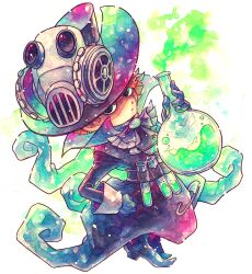 Rule 34 | 1boy, black eyes, black footwear, black gloves, black headwear, black jacket, bow, bowtie, character request, clothes pin, flask, gas mask, gears, gloves, jacket, light frown, liquid, looking at viewer, mask, mask on head, nyanko daisensou, orange hair, painting (medium), serious, shaded face, steampunk, traditional media, ura (mukimeineko), watercolor (medium), white background
