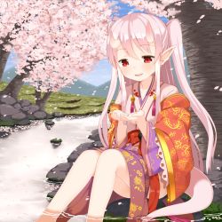 Rule 34 | 1girl, :d, cherry blossoms, horns, japanese clothes, kidatsu! dungeons lord, long hair, muku (muku-coffee), official art, oni horns, open mouth, petals, pink hair, pointy ears, red eyes, river, sitting, smile, solo, tail