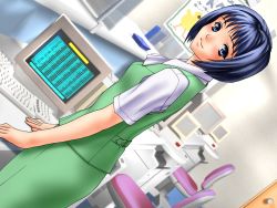 Rule 34 | blue eyes, blue hair, blush, character request, computer, copyright request, game cg, joy ride, libido, looking at viewer, looking back, office, office lady, short hair