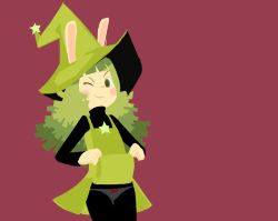 Rule 34 | 1girl, blush stickers, clothes lift, cowboy shot, cucumber quest, dress, dress lift, green eyes, green hair, hat, looking at viewer, official style, one eye closed, orenji (wholesomeorenji), panties, pantyhose, peridot (cucumber quest), pinafore dress, rabbit, red background, simple background, sleeveless dress, smile, turtleneck, underwear, white panties, witch hat