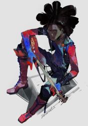 Rule 34 | 1boy, belt, black skin, boots, colored skin, electric guitar, eyebrow piercing, guitar, highres, hobie brown, instrument, lip piercing, looking at viewer, male focus, marvel, nose piercing, piercing, sevenchi, sitting, solo, spider-man: across the spider-verse, spider-man (series), spider-punk, spider-verse