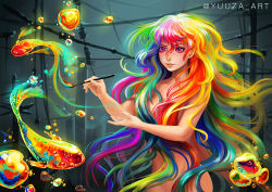 Rule 34 | 1girl, absurdly long hair, art brush, bubble, colorful, commentary, convenient censoring, dark background, fish, floating hair, goldfish, hair between eyes, hair censor, light smile, lips, long hair, making-of available, multicolored hair, nose, nude, oana birtea, original, paint, paintbrush, painting (action), pink eyes, power lines, rainbow hair, revision, solo, star-shaped pupils, star (symbol), surreal, symbol-shaped pupils, twitter username, very long hair
