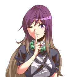 Rule 34 | 1girl, beads, dress, finger to mouth, gradient hair, hijiri byakuren, jewelry, kakao (noise-111), long hair, multicolored hair, necklace, one eye closed, prayer beads, purple eyes, purple hair, scroll, solo, touhou, two-tone hair, white background