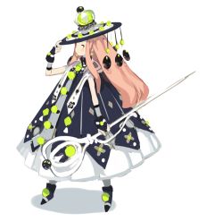 Rule 34 | 1girl, dress, hat, holding, holding weapon, long hair, looking at viewer, nangcha, original, pink hair, simple background, solo, weapon, white background, yellow eyes
