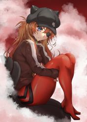 Rule 34 | 1girl, absurdres, ass, black hat, blood, blue eyes, bodysuit, breasts, brown jacket, evangelion: 3.0 you can (not) redo, expressionless, eyepatch, fetal position, hat, highres, jacket, long hair, long sleeves, looking to the side, neon genesis evangelion, orange hair, plugsuit, rebuild of evangelion, red bodysuit, shiny clothes, sitting, solo, souryuu asuka langley, track jacket, wa ki ya ku, wide hips