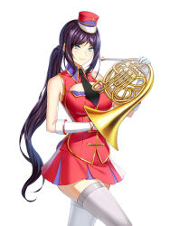 Rule 34 | 1girl, alternate hair color, band uniform, bare shoulders, black necktie, blue eyes, breasts, buttons, cleavage cutout, closed mouth, closers, clothing cutout, collared jacket, cowboy shot, double-breasted, fold-over gloves, french horn, gloves, hand up, harpy (closers), hat, highres, holding, holding instrument, instrument, jacket, large breasts, leg up, long hair, marching band, mini shako cap, miniskirt, mole, mole under eye, necktie, official art, pleated skirt, ponytail, purple hair, red hat, red jacket, red skirt, shako cap, sidelocks, skirt, sleeveless, sleeveless jacket, smile, solo, thighhighs, uniform, v-shaped eyebrows, very long hair, walking, white background, white gloves, white thighhighs, wing collar, zettai ryouiki