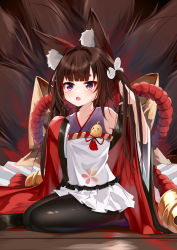Rule 34 | 1girl, absurdres, amagi-chan (azur lane), animal ears, armpits, azur lane, bad id, bad pixiv id, bell, black pantyhose, blunt bangs, catnnn, collarbone, commentary request, eyeshadow, fox ears, fox girl, fox tail, hair ornament, highres, japanese clothes, kitsune, kyuubi, long hair, long sleeves, looking at viewer, makeup, manjuu (azur lane), multiple tails, pantyhose, rope, shimenawa, sidelocks, sitting, solo, tail, thick eyebrows, twintails, wariza, wide sleeves, wooden floor