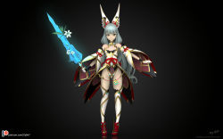 Rule 34 | 1girl, 3d, animal ears, bare shoulders, blunt bangs, cat ears, gloves, highres, japanese clothes, kimono, long hair, looking at viewer, nia (blade) (xenoblade), nia (xenoblade), nintendo, niyah, ribbon, silver hair, simple background, solo, spoilers, sword, weapon, xenoblade chronicles (series), xenoblade chronicles 2, yellow eyes, zy0n7