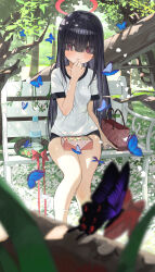 Rule 34 | 1girl, absurdres, animal, bench, black hair, black shorts, blue archive, blurry, blurry foreground, blush, bottle, bug, butterfly, collarbone, commentary request, day, feet out of frame, food, forest, gym shirt, gym shorts, gym uniform, hair over eyes, halo, hidulume, highres, insect, justice task force member (blue archive), long hair, looking at viewer, nature, on bench, open mouth, red eyes, red halo, sandwich, shirt, short sleeves, shorts, sitting, solo, tree, water bottle, white shirt