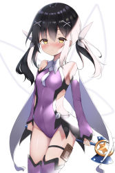 Rule 34 | 1girl, bare shoulders, black hair, blush, breasts, brown eyes, cape, covered navel, detached sleeves, fate/kaleid liner prisma illya, fate (series), feather hair ornament, feathers, female focus, hair ornament, hairclip, highres, irokari, kaleidostick, leotard, long hair, looking at viewer, magical girl, magical sapphire, miyu edelfelt, pouch, purple leotard, purple sleeves, purple thighhighs, sidelocks, simple background, small breasts, solo, thigh strap, thighhighs, thighs, twintails, wand, white background, white cape