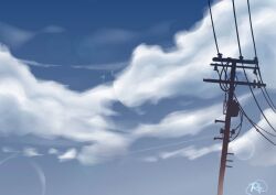 Rule 34 | blue sky, chinese commentary, cloud, commentary, light particles, no humans, original, outdoors, rune xiao, scenery, signature, sky, still life, utility pole