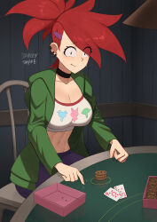Rule 34 | 1girl, barleyshake, black eyes, blush, box, breasts, card, cartoon network, chair, choker, cleavage, collarbone, cookie, earrings, food, foster&#039;s home for imaginary friends, frankie foster, green hoodie, hair ornament, hairclip, highres, hood, hoodie, jewelry, large breasts, long hair, long sleeves, looking at viewer, midriff, navel, nervous, nervous sweating, open clothes, open hoodie, playing card, poker, poker table, ponytail, print shirt, purple skirt, red hair, shirt, sitting, skirt, smile, sweat, table, tapping finger, white shirt