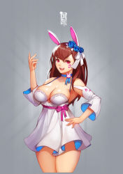Rule 34 | 1girl, animal ears, animal print, artist name, bare shoulders, breasts, brown hair, choker, commentary, cowboy shot, d.va (overwatch), detached sleeves, dress, facepaint, facial mark, flower, hair between eyes, hair flower, hair ornament, hand on own hip, highres, legs together, lips, long hair, looking at viewer, medium breasts, open mouth, overwatch, overwatch 1, rabbit ears, rabbit print, shiny skin, smile, solo, standing, teeth, whisker markings, white dress, wookyung
