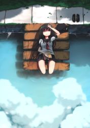 Rule 34 | 10s, 1girl, akatsuki (kancolle), anchor symbol, bad id, bad pixiv id, badge, black footwear, black hair, black skirt, blouse, blue eyes, book, book on lap, breasts, cloud, expressionless, flat cap, from above, grass, hand on forehead, hat, unworn hat, unworn headwear, highres, kantai collection, loafers, long hair, looking at viewer, lying, medium breasts, miniskirt, nabeo, neckerchief, no legwear, on back, open book, open mouth, outdoors, pier, reflection, ripples, school uniform, serafuku, shadow, shirt, shoes, unworn shoes, short sleeves, sitting, skirt, soaking feet, solo, sunlight, water, white shirt