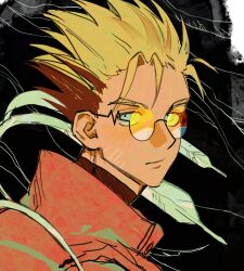 Rule 34 | 1boy, abstract background, black background, blonde hair, blue eyes, closed mouth, from side, glasses, highres, jacket, looking to the side, male focus, mole, mole under eye, mong 120, orange-tinted eyewear, portrait, red jacket, round eyewear, simple background, solo, tinted eyewear, trigun, undercut, vash the stampede