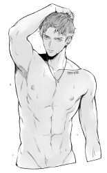 Rule 34 | 1boy, abs, arm up, armpits, body writing, commentary, cropped arms, cropped torso, expressionless, greyscale, hand on own head, highres, jewelry, looking at viewer, male focus, masushita, monochrome, necklace, nipples, original, parted lips, ring, ring necklace, short hair, simple background, solo, toned, toned male, upper body, wet
