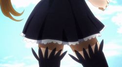 Rule 34 | 1girl, animated, animated gif, black bow, black dress, black thighhighs, blonde hair, bow, breasts, dress, frilled dress, frills, large breasts, long hair, looking at viewer, looking back, peach boy riverside, puffy sleeves, red eyes, saltorynne ardalake, thighhighs, thighs, twintails