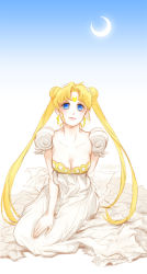 Rule 34 | 1990s (style), 1girl, artist name, bad id, bad pixiv id, bare shoulders, bishoujo senshi sailor moon, blonde hair, blue eyes, breasts, cleavage, crescent, crescent facial mark, crescent moon, dress, facial mark, forehead mark, full body, long hair, medium breasts, moon, princess serenity, retro artstyle, shabomu, sitting, smile, solo, tsukino usagi, twintails, very long hair, white dress