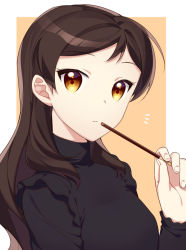 Rule 34 | 1girl, black shirt, brown hair, closed mouth, food, holding, holding food, holding pocky, idolmaster, idolmaster million live!, kitazawa shiho, long hair, long sleeves, looking at viewer, pocky, shirt, solo, straight hair, touon, yellow eyes