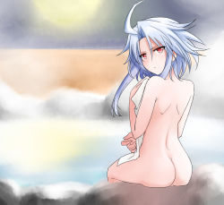 Rule 34 | 10s, 1girl, ahoge, ass, ass focus, back, bad id, bad pixiv id, blanc (neptunia), blue hair, female focus, from behind, frown, highres, karadborg, long hair, looking at viewer, looking back, naked towel, neptune (series), nude, onsen, red eyes, rock, sitting, solo, steam, symbol-shaped pupils, towel, water, white heart (neptunia)
