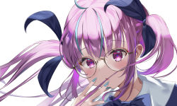 Rule 34 | 1girl, ahoge, asphalt494, blue hair, blue nails, blue ribbon, blush, floating hair, glasses, hair ribbon, highres, hololive, long hair, looking at viewer, minato aqua, minato aqua (1st costume), multicolored hair, nail polish, parted lips, pink eyes, pink hair, portrait, ribbon, round eyewear, simple background, solo, streaked hair, twintails, virtual youtuber, white background