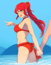 Rule 34 | 1girl, :d, beach, bikini, blue sky, blush, breasts, day, green eyes, holding hands, long hair, open mouth, outdoors, partially submerged, pointing, ponytail, pyrrha nikos, red bikini, rwby, sky, smile, sora (efr), swimsuit, water