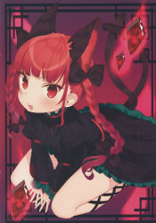 Rule 34 | 1girl, absurdres, animal ears, blush, bow, braid, cat ears, cat tail, dress, extra ears, frills, gradient background, hair bow, hair ornament, highres, huge filesize, kaenbyou rin, kitada mo, leg ribbon, long hair, long sleeves, looking at viewer, multiple tails, open mouth, puffy sleeves, pyrope, red eyes, red hair, ribbon, scan, sitting, smile, solo, tail, touhou, twin braids