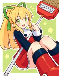 Rule 34 | 1girl, blonde hair, blush, boots, broom, dress, green eyes, green ribbon, hair between eyes, hair ribbon, holding, holding broom, knee boots, long hair, long sleeves, looking at viewer, mega man (classic), mega man (series), notice lines, onyhakase, open mouth, ponytail, red footwear, ribbon, roll (mega man), sidelocks, simple background, sitting, solo, star (symbol)