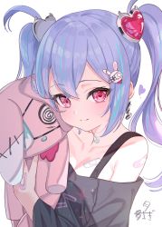 Rule 34 | 1girl, absurdres, bandaid, bandaid on breast, bandaid on hand, bandaid on neck, bandaid on shoulder, black shirt, blue hair, blush, bra strap, collarbone, commentary request, doll, earrings, hair ornament, heart, heart hair ornament, highres, holding, holding doll, jewelry, looking at viewer, multicolored hair, original, purple hair, shirt, smile, solo, streaked hair, stuffed animal, stuffed toy, tsukiman, twintails, upper body