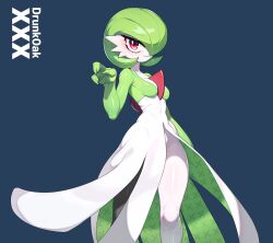 1girl arm_at_side artist_name black_pantyhose blue_background blush bob_cut breasts claw_pose closed_mouth collarbone colored_skin creatures_(company) drunkoak female_focus game_freak gardevoir gen_3_pokemon green_hair green_skin groin hair_over_one_eye hand_up happy legs looking_at_viewer medium_breasts multicolored_skin nintendo one_eye_covered pantyhose pokemon pokemon_(creature) red_eyes shiny_skin short_hair simple_background single_leg_pantyhose smile solo standing thighs two-tone_skin watermark white_skin