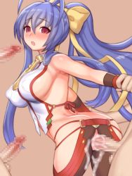 Rule 34 | 1girl, antenna hair, ass, blank stare, blazblue, blazblue: central fiction, blazblue variable heart, blue hair, blush, bow, breasts, censored, cowboy shot, cum, cum in pussy, doggystyle, elbow gloves, genderswap, genderswap (mtf), gloves, hair bow, halterneck, halterneck, highres, hip vent, large breasts, long hair, mai natsume, multiple penises, no bra, open mouth, pants, penis, pink eyes, ponytail, pussy, rape, sex, sex from behind, sideboob, solo focus, vaginal, very long hair